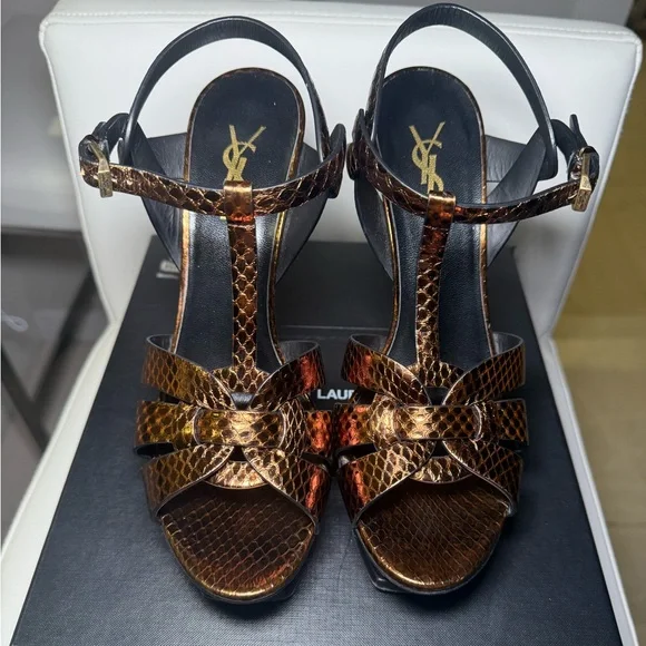 PRE-OWNED - Yves Saint Laurent Tribute Metallic Snakeskin Heel Sandals Size 39.5 - Picture 1 of 14